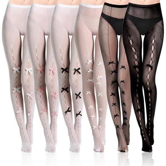 Y2k Bow Fishnet Tights Lolita Lace Mesh Stockings Coquette Thigh High Set - Picture 8 of 8
